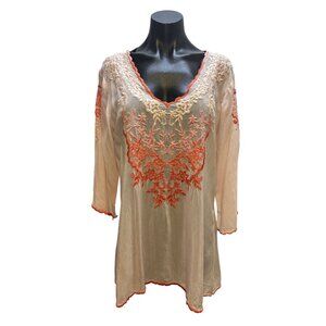 Johnny Was Sheer Pink Tunic Blouse w/Coral & Pink Embroidered Floral Design Size